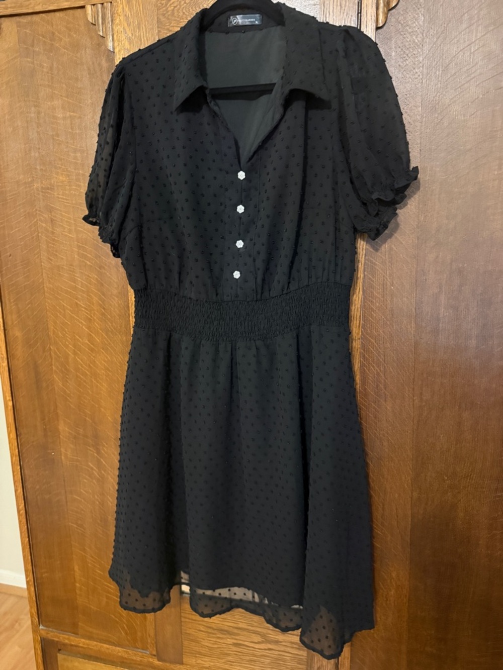 Black Textured Dot Puff-Sleeve Dress, XL